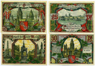 МАЙНЦ, ГЕРМАНИЯ НАБОР ИЗ 2 БАНКНОТ 1921 1 ЯНВАРЯ 1921, НОТГЕЛЬД, ЗЕМЛЯ РЕЙЛЯНД-ПФАЛЬЦ (25 И 50 ПФЕННИГОВ) Grabowski 860.1а бумага UNC (ПРЕСС) 8613-16-3