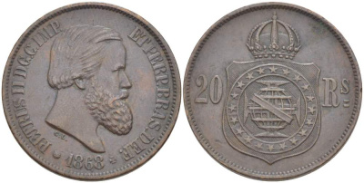 Бразилия 20 рейсов 1868 Педро II (1831-1889) KM 474 бронза 4529-513