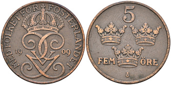 Швеция 5 эре 1909 Густав V (1907-1950), большой крест KM 779.2 бронза 4557-535