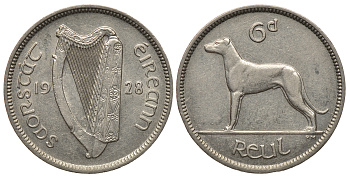 ИРЛАНДИЯ 6 ПЕНСОВ 1928 ИРЛАНДСКИЙ ВОЛКОДАВ KM 5 никель 71-1633