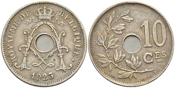 БЕЛЬГИЯ 10 САНТИМОВ 1923 BELGIQUE KM 85.1 медно-никель 213-453