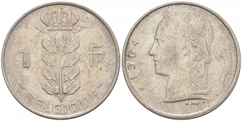 БЕЛЬГИЯ 1 ФРАНК 1964 BELGIQUE KM 142.1 медно-никель 68-335