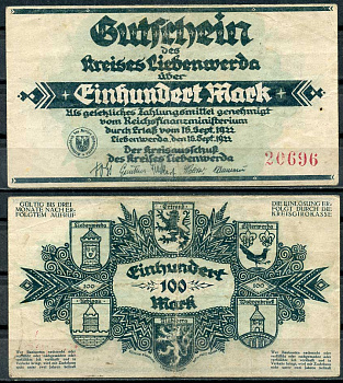 Германия, Либенверда 100 марок 1922 нотгельд, 16.09.1922, красные цифры M. 2720.3 бумага UNC (пресс) 00-00