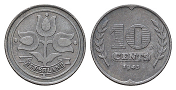 Нидерланды 10 центов 1943 Вильгельмина (1890-1948) KM 173 цинк 4675-917