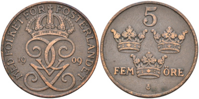 Швеция 5 эре 1909 Густав V (1907-1950), большой крест KM 779.2 бронза 4557-535