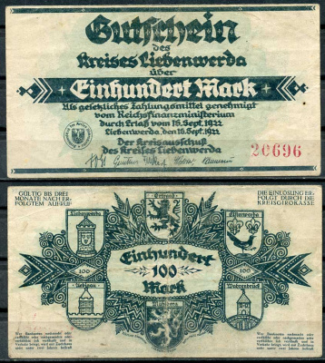 Германия, Либенверда 100 марок 1922 нотгельд, 16.09.1922, красные цифры M. 2720.3 бумага UNC (пресс) 00-00
