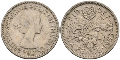 Великобритания 6 пенсов 1953 Елизавета II (1952-2022) KM 889, Spink 4141 медно-никель    4147-413
