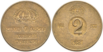 Швеция 2 эре 1954 TS, Густав VI Адольф (1950-1973) КМ 821 бронза 77-456