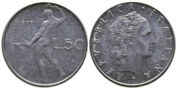 Италия 50 лир 1977 R, бог огня Вулкан у наковальни KM 95.1 сталь    4606-123