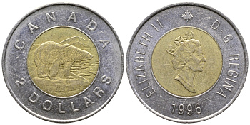 КАНАДА 2 ДОЛЛАРА 1996 ЕЛИЗАВЕТА II (1952-), ПОЛЯРНЫЙ МЕДВЕДЬ KM 270 биметалл 4364-1252
