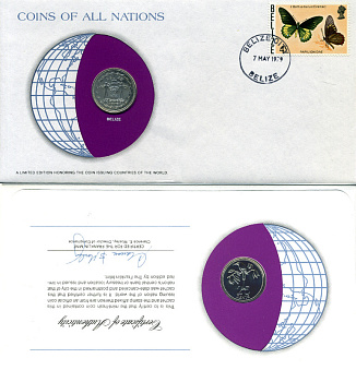 БЕЛИЗ 25 ЦЕНТОВ 1979 КОНВЕРТ С МАРКОЙ ПЕРВОГО ДНЯ ГАШЕНИЯ, COINS OF NATIONS KM 49 медно-никель BUNC 4294-25-3