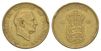 Дания 1 крона 1949 N, Фредерик IX (1947-1972) KM 837 алюминиевая бронза 4638-723