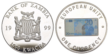 Замбия 1000 квач 1999 Единая валюта Европы - 20 евро, оборотная сторона KM 124 медно-никель PROOF 603-1435