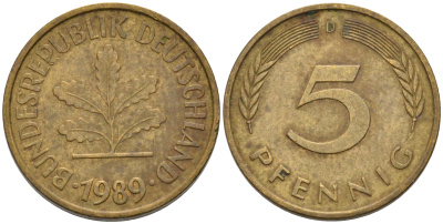 ФРГ 5 ПФЕННИГОВ 1989 D KM 107, J. 382 сталь плакированная латунью 75-518
