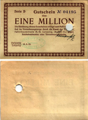 ЛЕЙПЦИГ 1000000 МАРОК 1923 НОТГЕЛЬД, 18 АВГУСТА 1923, СЕРИЯ B, НАДПЕЧАТКА HERMANN PATZ бумага 8608-15-3-1