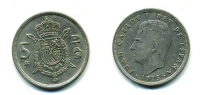 Испания 5 песет 1975 (79) Хуан Карлос I (1975-2014) KM 807 медно-никель 25-2041