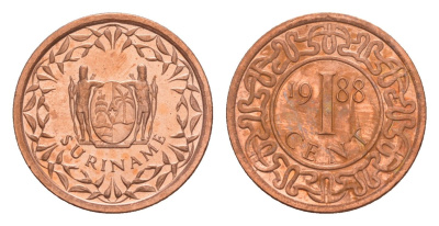 Суринам 1 цент 1988 редкий год KM 11b сталь плакированная медью UNC 4649-951