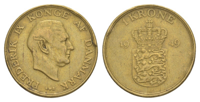 Дания 1 крона 1949 N, Фредерик IX (1947-1972) KM 837 алюминиевая бронза 4638-723