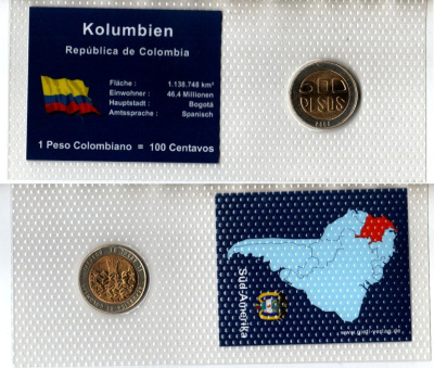 Колумбия 500 песо 2006 в красочной упаковке с информацией о стране KM 286 биметалл UNC 5-4-1-57