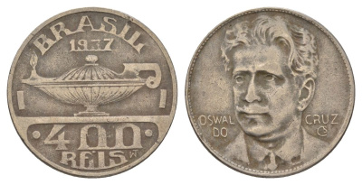 Бразилия 400 реалов 1937 Освалду Крус KM 539 медно-никель 4624-1241