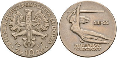 Польша 10 злотых 1965 700 лет Варшаве, богиня победы Ника с мечем KM 54 медно-никель 4157-836