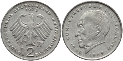 ФРГ 2 марки 1972 G, Конрад Аденауэр KM 124, J. 406 медно-никель плакированный никелем 177-757
