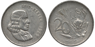 ЮАР 20 центов 1965 SUID, Ян ван Райбек KM 69.2 никель 4122-156