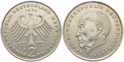 ФРГ 2 МАРКИ 1976 J, КОНРАД АДЕНАУЭР KM 124, J. 406 медно-никель плакированный никелем 3856-252