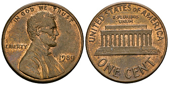 США 1 цент 1989 Линкольн KM 201b цинк плакированный медью 4136-336
