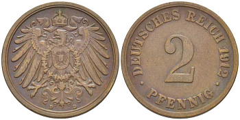 Германия 2 пфеннига 1912 D KM 16, J. 11, Weege 4 медь 206-617