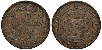 ЛЮКСЕМБУРГ 10 САНТИМОВ 1860 А, ГЕРЦОГ ВИЛЛЕМ III НИДЕРЛАНДСКИЙ (1849-1890), МОНДВОР ПАРИЖ КМ 23.2 бронза 4536-431