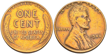 США 1 ЦЕНТ 1944 ЛИНКОЛЬН KM А132 медь цинк 3309-514