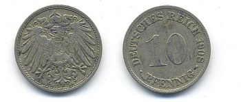 ГЕРМАНИЯ 10 ПФЕННИГОВ 1908 D KM 12, J. 13 медно-никель 58-334