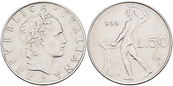 Италия 50 лир 1966 R, бог огня Вулкан у наковальни KM 95.1 нержавеющая сталь 4595-231