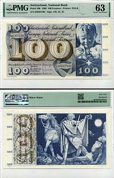 Швейцария 100 франков 1969 в слабе PMG 63 (Choice Uncirculated) Pick 49 k (3) бумага UNC (пресс) 452-2-67