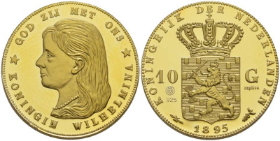 Нидерланды медаль ND 10 гульденов 1895, Вильгельмина королева Нидерландов, официальная реплика, диаметр 26 мм., вес 9,97 гр., позолота  серебро  PROOF  11-069-26
