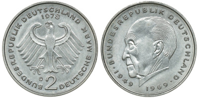 ФРГ 2 марки 1978 D, Конрад Аденауэр KM 124, J. 406 медно-никель плакированный никелем UNC 4681-917
