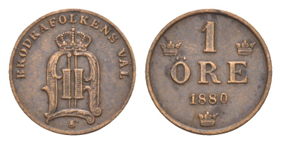 Швеция 1 эре 1880 Оскар II (1872-1907) KM 750 бронза 1518-734