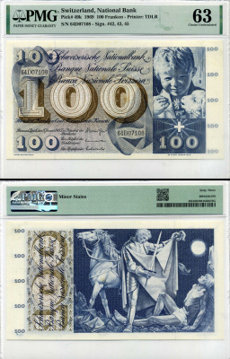 Швейцария 100 франков 1969 в слабе PMG 63 (Choice Uncirculated) Pick 49 k (3) бумага UNC (пресс) 452-2-67