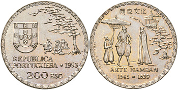 Португалия 200 эскудо 1993 450 лет искусству намбан KM 668 медно-никель UNC 4677-123