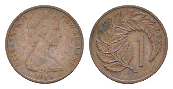 Новая Зеландия 1 цент 1974 Елизавета II (1952-2022), лист папоротника KM 31.1 бронза 4655-1133