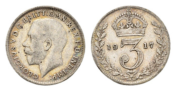Великобритания 3 пенса 1917 Георг V (1910-1936) KM 813, Spink 4015 серебро 4644-223