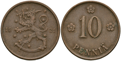 Финляндия 10 пенни 1921 республика (1918-1962) KM 24 медь 08-1053