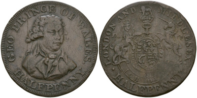 Великобритания, Мидлсекс 1/2 пенни ND (1787-1797) Национальная серия - Принц Уэльский, гурт - надпись, токен Dalton & Hamer 953a, Atkins 742 1529-744