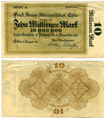 Эссен 10000000 марок (10 миллионов) 1923 8 августа 1923 - 31 декабря 1923, нотгельд, земля Северный Рейн-Вестфалия, НОМЕР ЧЕРНЫЙ, REIHE А Keller 1429k бумага 7191-42-1-2
