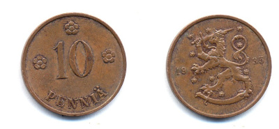 Финляндия 10 пенни 1935 республика (1918-1962) KM 24 медь 51-5453