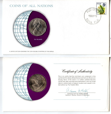 Фиджи 50 центов 1976 конверт с маркой первого дня гашения, Coins of Nations KM 36 медно-никель UNC 4294-29-1
