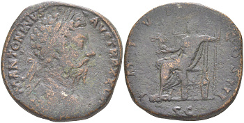 Римская Империя сестерций 173 - 174 Марк Аврелий, бюст императора, M ANTONINVS AVG TR P XXVIII / Секуритата, персонификация Безопасности, IMP VI COS III SC, Рим RIC 406 бронза 1073-7-11