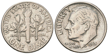 США 10 центов (дайм) 1965 Рузвельт KM 195a медь плакированная медно-никелем 192-1057