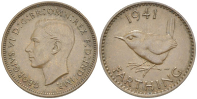 Великобритания 1 фартинг 1941 Георг VI (1936-1952) KM 843, Spink 4116 бронза 4543-1113